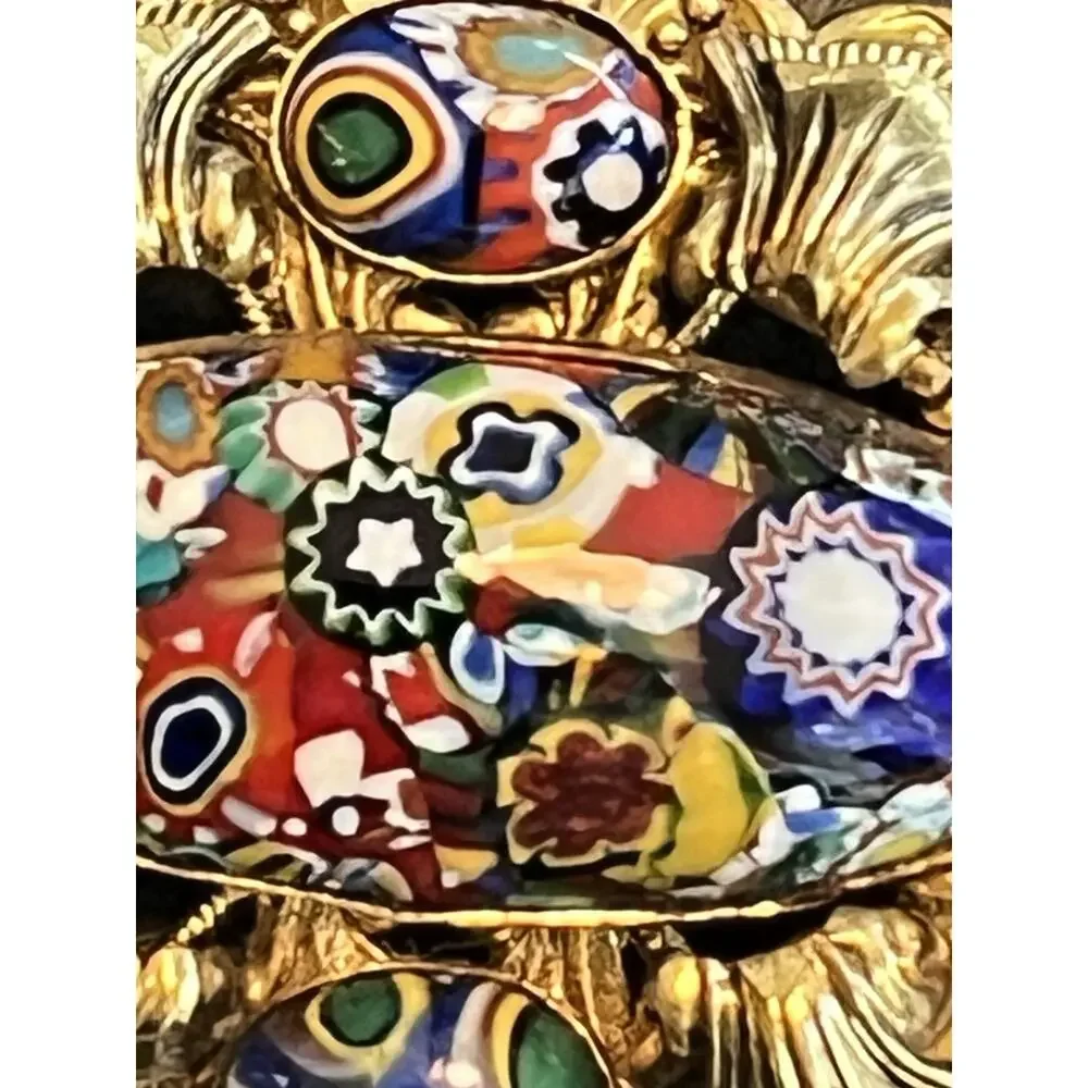 Vintage Millefiori Glass Cabuchon Brass Large Pin Brooch Gold Tone 2.5”